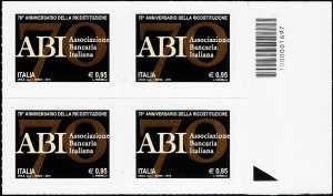 2015 - 70° Anniversario della ricostituzione dell' ABI - Associazione Bancaria Italiana - quartina con codice a barre n° 1697