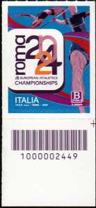 Campionati Europei di Atletica Leggera Roma 2024 - francobollo con codice a barre n° 2449  in  BASSO  a  destra