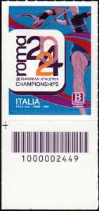 Campionati Europei di Atletica Leggera Roma 2024 - francobollo con codice a barre n° 2449  in  BASSO  a  sinistra