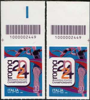 Campionati Europei di Atletica Leggera Roma 2024 - coppia di francobolli con codice a barre n° 2449  in  ALTO destra-sinistra