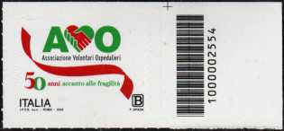 AVO - Associazione Volontari Ospedalieri - 50° Anniversario della fondazione - francobollo con codice a barre n° 2554  a  DESTRA  in  alto