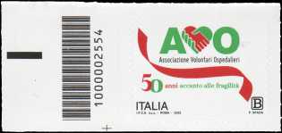 AVO - Associazione Volontari Ospedalieri - 50° Anniversario della fondazione - francobollo con codice a barre n° 2554  a  SINISTRA  in  basso