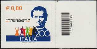 Bicentenario della nascita di San Giovanni Bosco - francobollo con codice a barre n° 1655 a DESTRA in alto