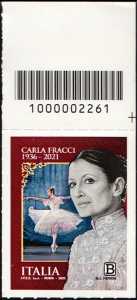 Le eccellenze italiane dello spettacolo :  Carla Fracci - francobollo con codice a barre n° 2261 in  ALTO a destra