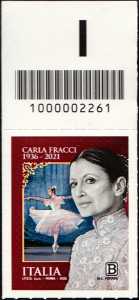 Le eccellenze italiane dello spettacolo :  Carla Fracci - francobollo con codice a barre n° 2261 in  ALTO sinistra