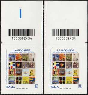 Patrimonio artistico e culturale italiano - La Giocanda - coppia di francobolli con codice a barre n° 2434  in  ALTO destra-sinistra