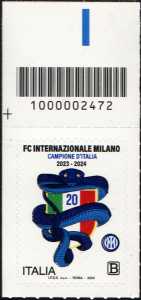 Inter campione d'Italia 2023/2024 - francobollo con codice a barre n° 2472  in  ALTO   a  sinistra