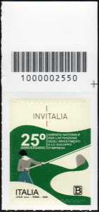 Agenzia nazionale per l’attrazione degli investimenti e lo sviluppo d’impresa : INVITALIA - 25º anniversario dell’istituzione - francobollo con codice a barre n° 2550  in  ALTO  a 