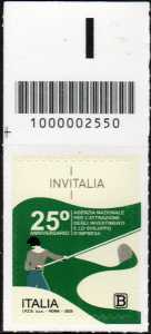 Agenzia nazionale per l’attrazione degli investimenti e lo sviluppo d’impresa : INVITALIA - 25º anniversario dell’istituzione - francobollo con codice a barre n° 2550  in  ALTO  a 