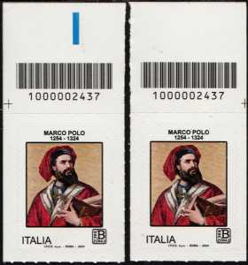 Marco Polo - 700° Anniversario della scomparsa - coppia di francobolli con codice a barre n° 2437  in  ALTO destra-sinistra