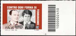 Contro ogni forma di terrorismo - Giuseppe Mazzola e Graziano Giralucci - francobollo con codice a barre n° 2450  a DESTRA in basso