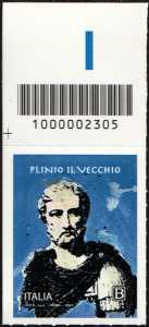 Plinio il Vecchio - Bimillenario della nascita - francobollo con codice a barre n° 2305 in  ALTO a sinistra