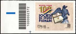 Società di Studi Fiumani - 100° anniversario della fondazione - francobollo con codice a barre n° 2372 a SINISTRA in basso