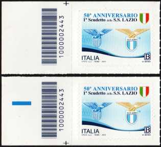 50° Anniversario del primo Scudetto della S.S. Lazio - coppia di francobolli con codice a barre n° 2443  a SINISTRA alto-basso