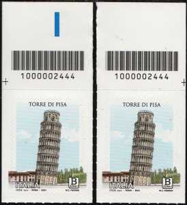 Torre di Pisa - coppia di francobolli con codice a barre n° 2444  in  ALTO destra-sinistra