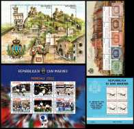 San Marino foglietti vari : Turistica 2002 - Campionato di Calcio 2002 - 125° Anniversario del 1° francobollo 2002 - Monete dal 1972 al 1981 erinnofilo 1981