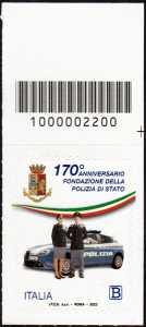 Polizia di Stato - 170° Anniversario della fondazione - francobollo con codice a barre n° 2200 in  ALTO   a  destra