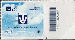 RAI TV - Radio Televisione Italiana - 70° Anniversario della prima trasmissione televisiva - francobollo con codice a barre n° 2489  a   DESTRA  in  basso