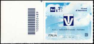 RAI TV - Radio Televisione Italiana - 70° Anniversario della prima trasmissione televisiva - francobollo con codice a barre n° 2489  a   SINISTRA  in  alto