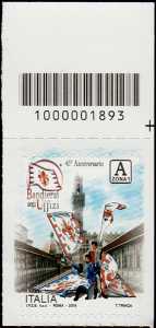 Bandierai degli Uffizi - Firenze - 45° Anniversario della fondazione - francobollo con codice a barre n° 1893  in  ALTO  a  destra