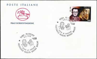 1998 - Bertolt Brecht  - FDC  CAVALLINO - Annullo ufficiale Roma Filatelico