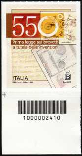 Prima legge sui brevetti - 550° Anniversario - francobollo con codice a barre n° 2410  in BASSO a sinistra