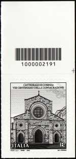 Cattedrale di Santa Maria Assunta di Cosenza - VIII Centenario della consacrazione - francobollo con codice a barre n° 2191 IN  ALTO    a destra