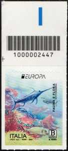 Europa - 69° emissione - Fauna e flora sottomarina - francobollo con codice a barre n° 2447  in   ALTO  a  sinistra