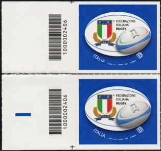 Lo Sport - Federazione Italiana di Rugby - coppia di francobolli con codice a barre n° 2406  a SINISTRA alto-basso