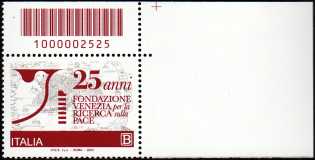 Fondazione Venezia per la Ricerca sulla Pace - 25° anniversario - francobollo con codice a barre n° 2525    in  ALTO  a  destra