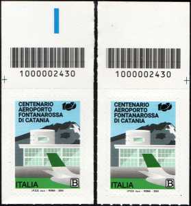 Centenario dell'Aeroporto di Catania Fontanarossa - coppia di francobolli con codice a barre n° 2430  in ALTO destra-sinistra