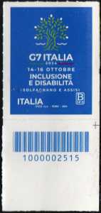 G7 ITALIA : Inclusione e Disabilità -  francobollo con codice a barre n° 2515  in  BASSO  a  destra