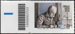 Giornata mondiale della Scienza : Camillo Golgi - patologo - francobollo con codice a barre n° 2522    a   SINISTRA   in   basso