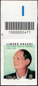 Libero Grassi - Centenario della nascita - francobollo con codice a barre n° 2471  in  ALTO   a  sinistra