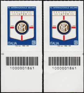 Football Club Internazionale Milano - 110° Anniversario della fondazione coppia di francobolli con codice a barre n°1861 in BASSO sinistra-destra