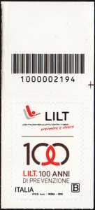 LILT : Lega Italiana per la Lotta contro i Tumori - Centenario della fondazione - francobollo con codice a barre n° 2194 IN  ALTO    a  destra