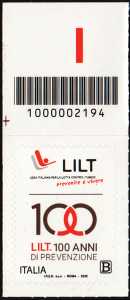 LILT : Lega Italiana per la Lotta contro i Tumori - Centenario della fondazione - francobollo con codice a barre n° 2194 IN  ALTO    a  sinistra