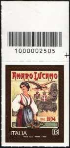 Imprenditoria italiana : Amaro Lucano - francobollo con codice a barre n° 2505  in  ALTO   a  destra