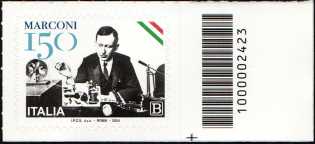 Guglielmo Marconi - 150° Anniversario della nascita - francobollo con codice a barre n° 2423  a DESTRA  in basso