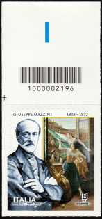 Giuseppe Mazzini : 150° Anniversario della scomparsa - francobollo con codice a barre n° 2196 IN  ALTO    a sinistra