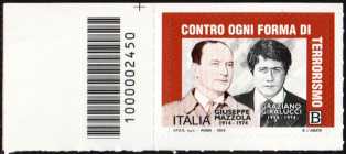 Contro ogni forma di terrorismo - Giuseppe Mazzola e Graziano Giralucci - francobollo con codice a barre n° 2450  a  SINISTRA   in  alto