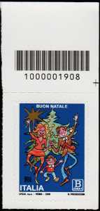 2018 - Natale laico - francobollo con codice a barre n° 1908 in ALTO a destra