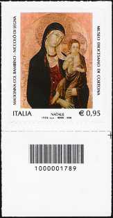 Il Santo Natale - «Madonna col Bambino» di Niccolò di Segna - Museo Diocesano di Cortona - francobollo con codice a barre n° 1789