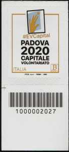 Padova Capitale Europea del Volontariato 2020 - francobollo con codice a barre n° 2027 in BASSO a sinistra