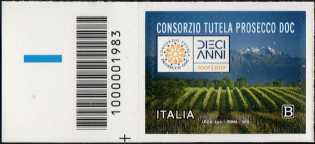 Prosecco - 10° Anniversario del riconoscimento DOC - francobollo con codice a barre n° 1983 a SINISTRA in basso