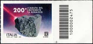 Meteorite di Renazzo - Bicentenario della caduta - francobollo con codice a barre n° 2475  a DESTRA in  basso