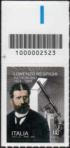 Giornata mondiale della Scienza : Lorenzo Respighi - astronomo - francobollo con codice a barre n° 2523  in  ALTO  a  sinistra