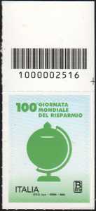 Giornata mondiale del Risparmio - Centenario della prima edizione - francobollo con codice a barre n° 2516  in  ALTO   a  destra