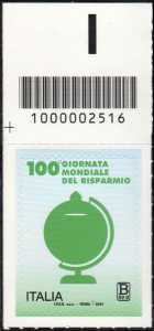 Giornata mondiale del Risparmio - Centenario della prima edizione - francobollo con codice a barre n° 2516  in  ALTO   a  sinistra