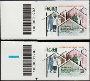 A.N.T. - Associazione Nazionale Tumori - 40° Anniversario della fondazione  - coppia di francobolli con codice a barre n° 1902 a SINISTRA alto-basso